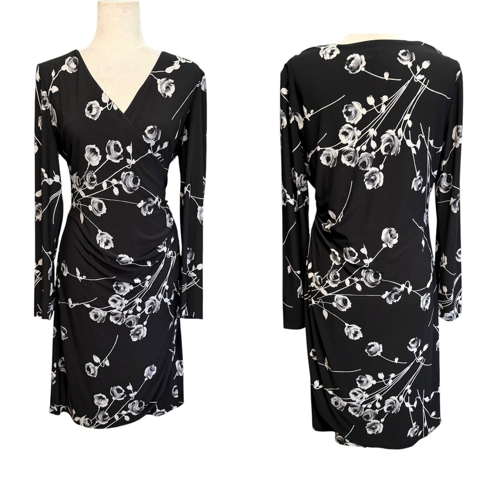Lauren Ralph Lauren Dress Womens 14 Black Floral Faux Wrap Long Sleeve Ruched